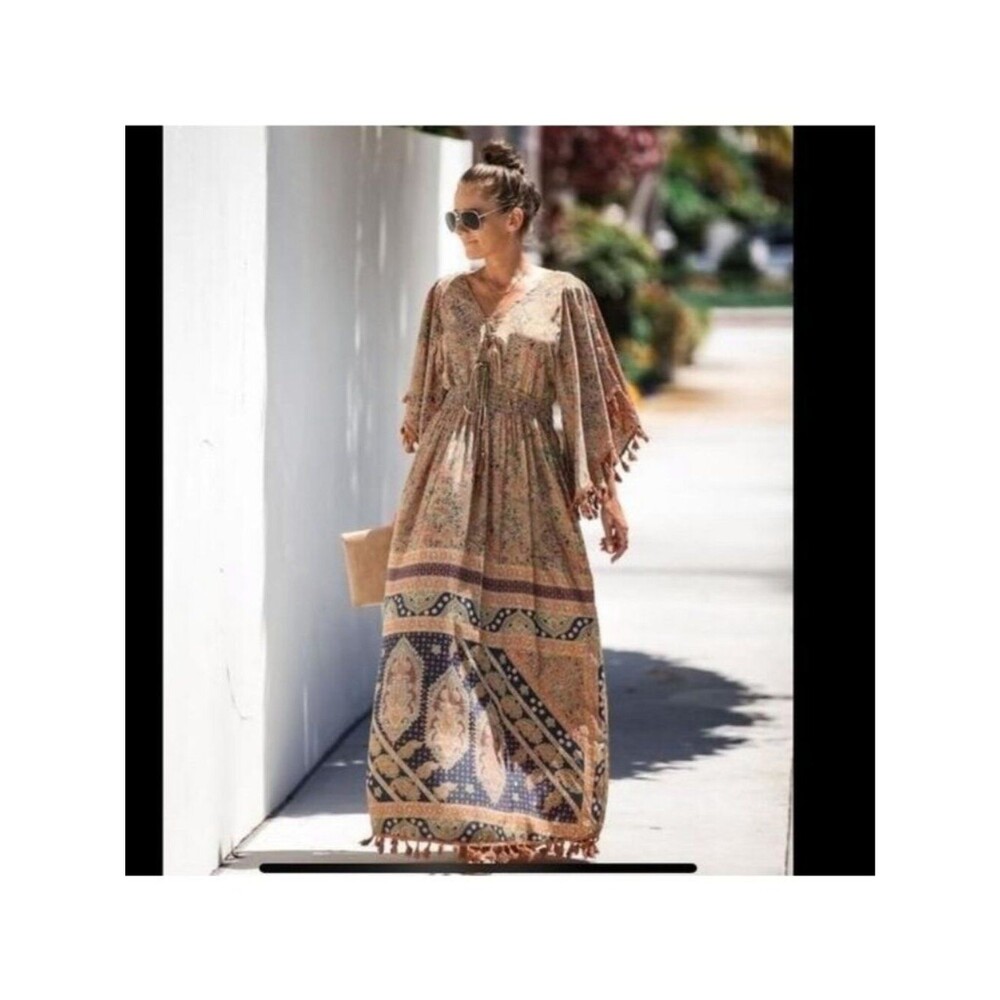 Raga XS Tan Henna Tassel Kimono Maxi Dress Boho Hippie Festival
